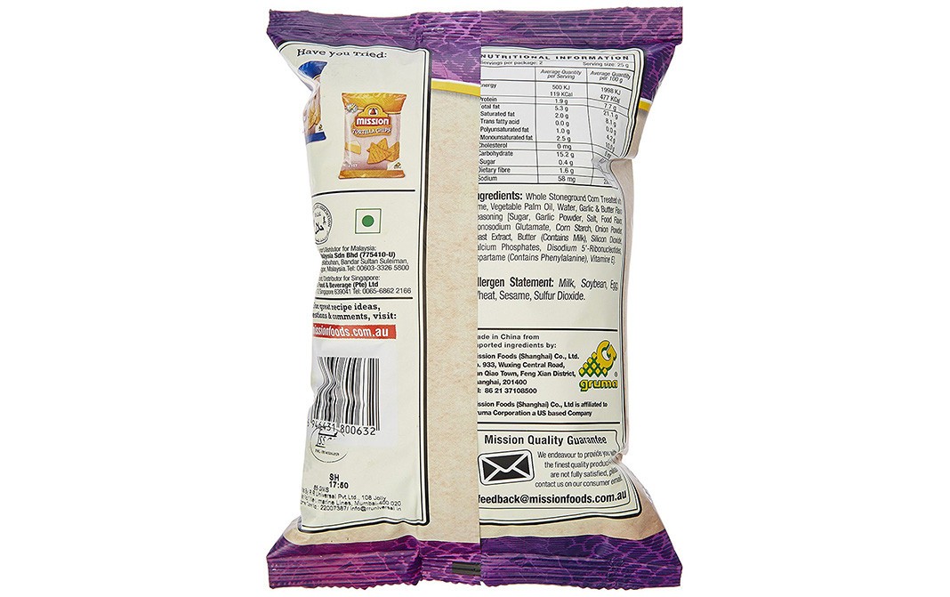 Mission Tortilla Chips, Garlic & Butter Flavour   Pack  65 grams